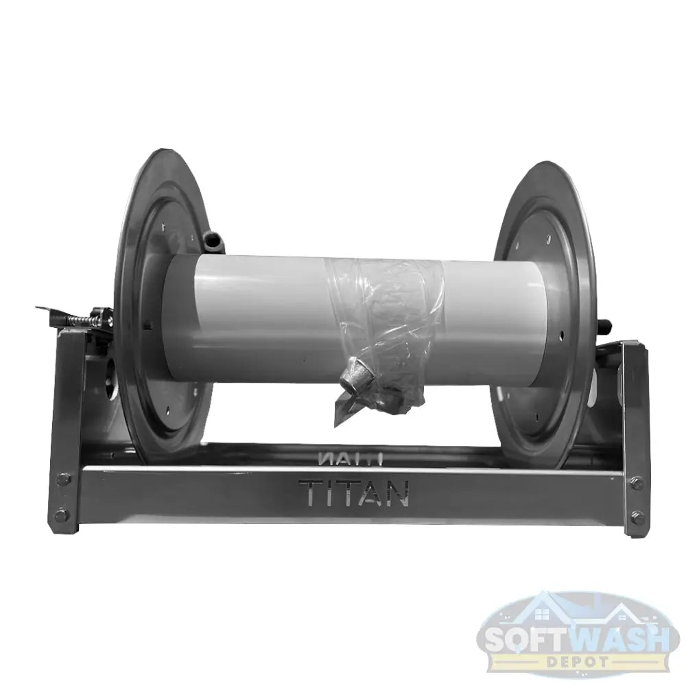 Titan 12" and 18" full frame aluminum and stainless steel manual hose reel with 1/2" manifold, durable corrosion-resistant reel for soft wash and pressure washing hoses. - Soft Wash Depot