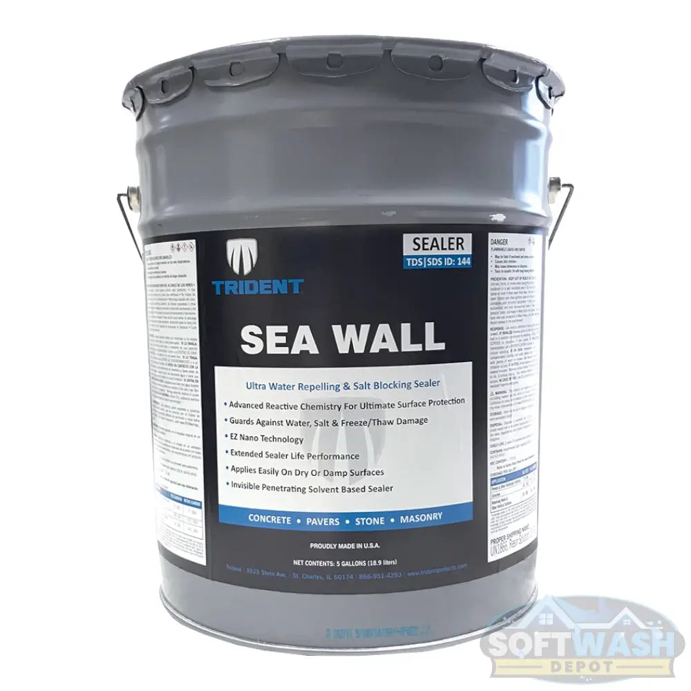 Trident Seawall silane siloxane penetrating sealer container for waterproofing concrete, masonry, and seawalls with invisible protection against water and salt damage. - Soft Wash Depot