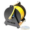 Tucker hand carry hose reel with powder coated steel frame, built-in brake, 150-foot 3/8-inch hose, and 3/4-inch brass inlet and outlet. - Soft Wash Depot