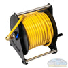 Tucker hand carry hose reel with powder coated steel frame, built-in brake, 150-foot 3/8-inch hose, and 3/4-inch brass inlet and outlet. - Soft Wash Depot