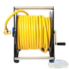 Tucker hand carry hose reel with powder coated steel frame, built-in brake, 150-foot 3/8-inch hose, and 3/4-inch brass inlet and outlet. - Soft Wash Depot