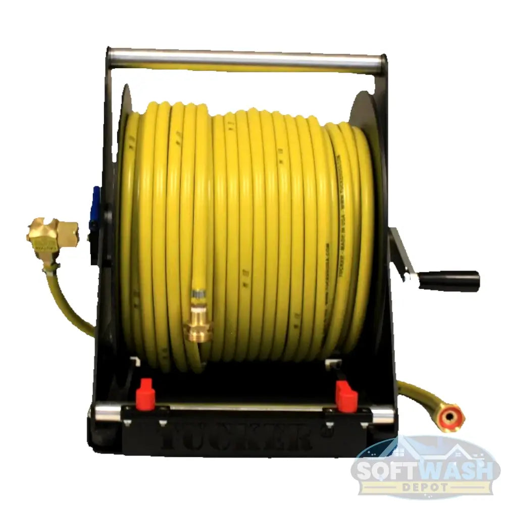 Tucker hand carry hose reel with powder coated steel frame, built-in brake, 150-foot 3/8-inch hose, and 3/4-inch brass inlet and outlet. - Soft Wash Depot