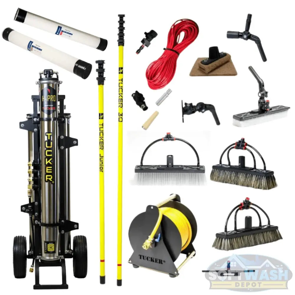 Tucker Ultimate H2Pro Residential Kit featuring H2Pro RO/DI pure water window cleaning system, 40-foot carbon fiber water fed pole, hose reel, professional brushes, scrubbers, and accessories for residential and commercial window cleaning. - Soft Wash Depot