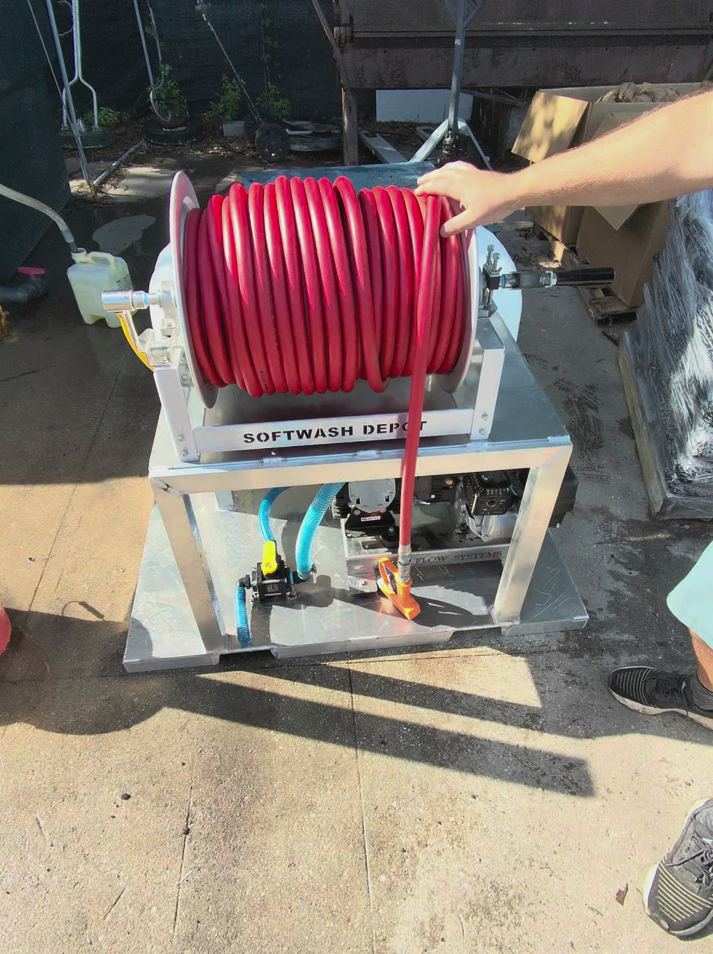 Honda AR45 complete gas-powered soft wash system with 100-gallon tank, hose reel, Rampage hose, and soft wash spray gun. - Soft Wash Depot