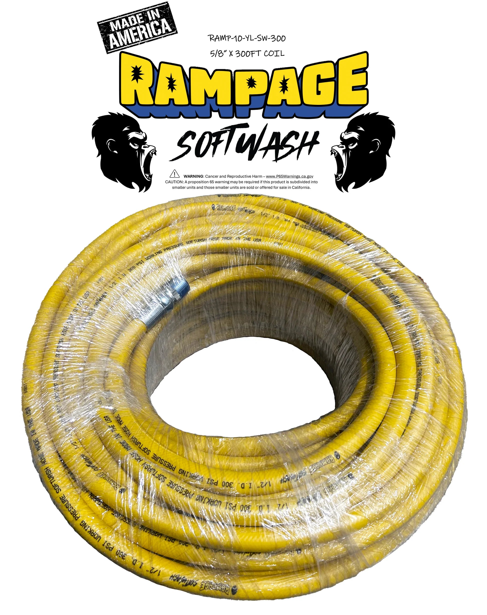 Rampage 5/8" 200' & 300' Softwash Hose w/ Crimped 1/2" NPT Ends