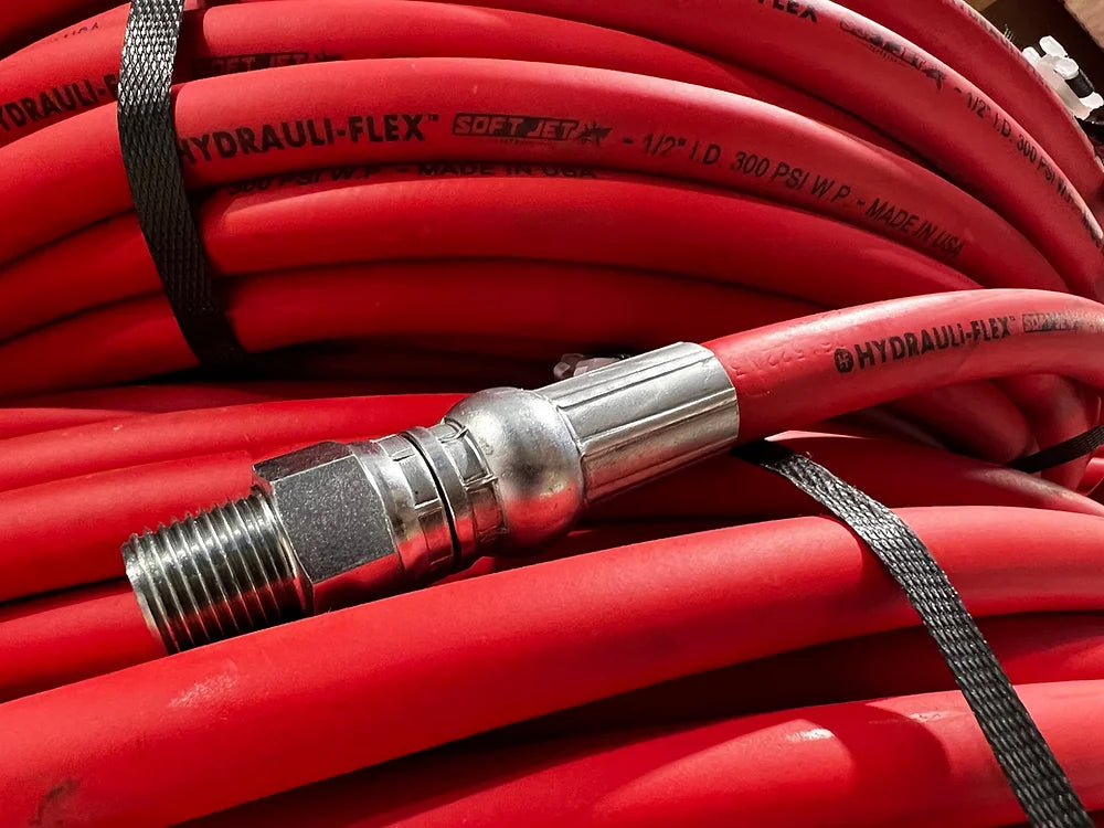 Red soft wash hose with 1/2" crimped ends for soft washing rigs and soft washing skids.