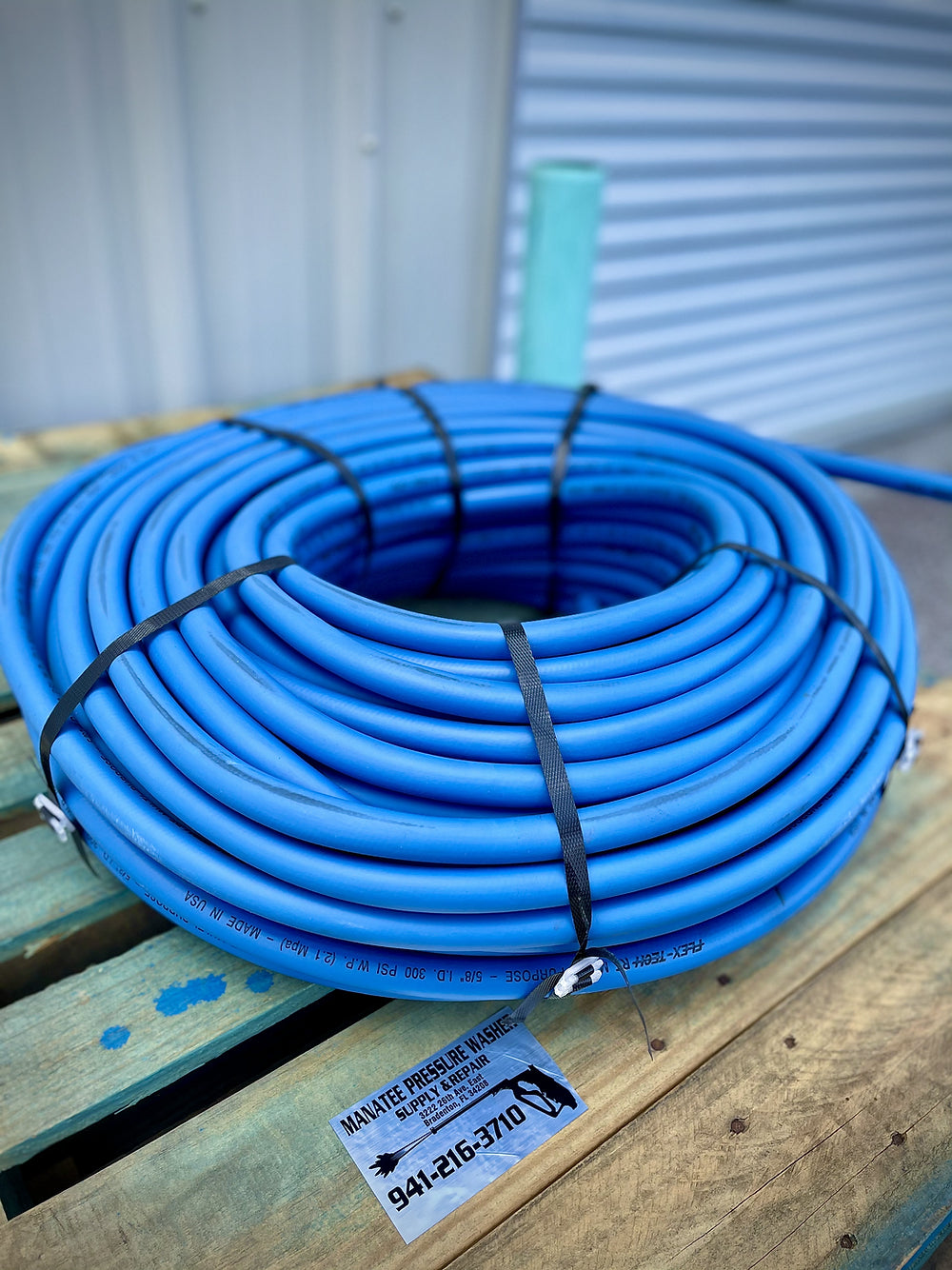 Blue soft wash hose with crimped ends. Great for soft washing rings and soft wash skids.