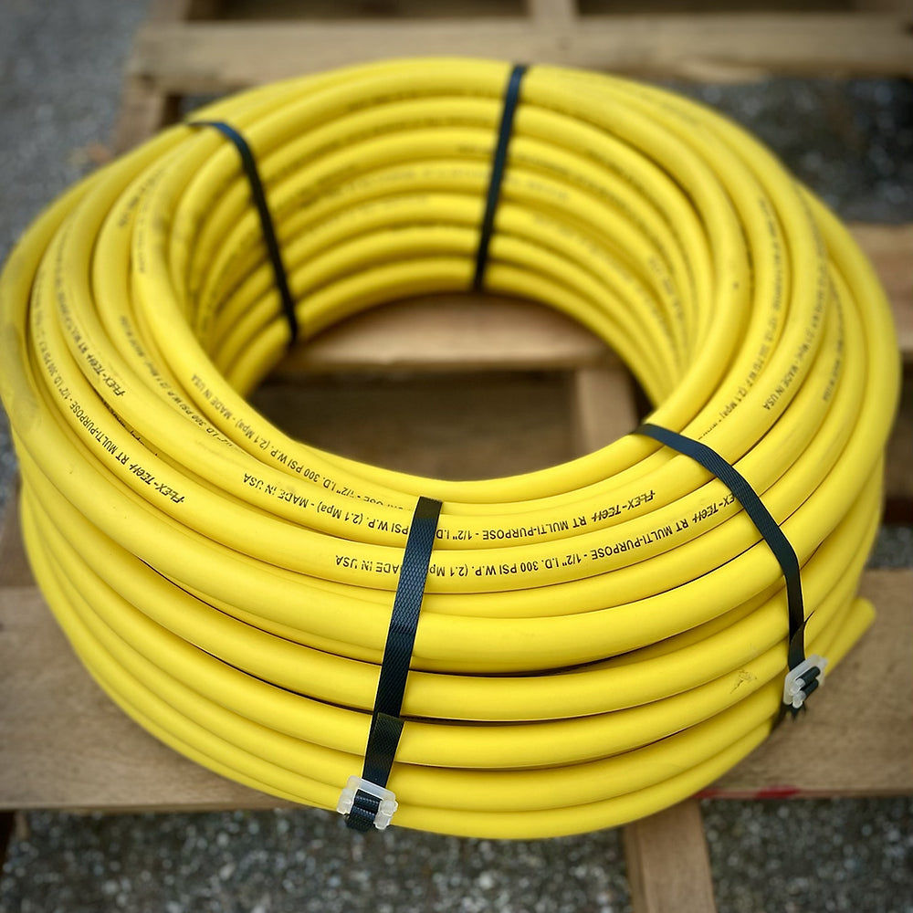 Yellow soft wash hose for power washing trailers and skids. Lightweight and durable soft washing hose. Soft washing hose with 300 psi and yellow.